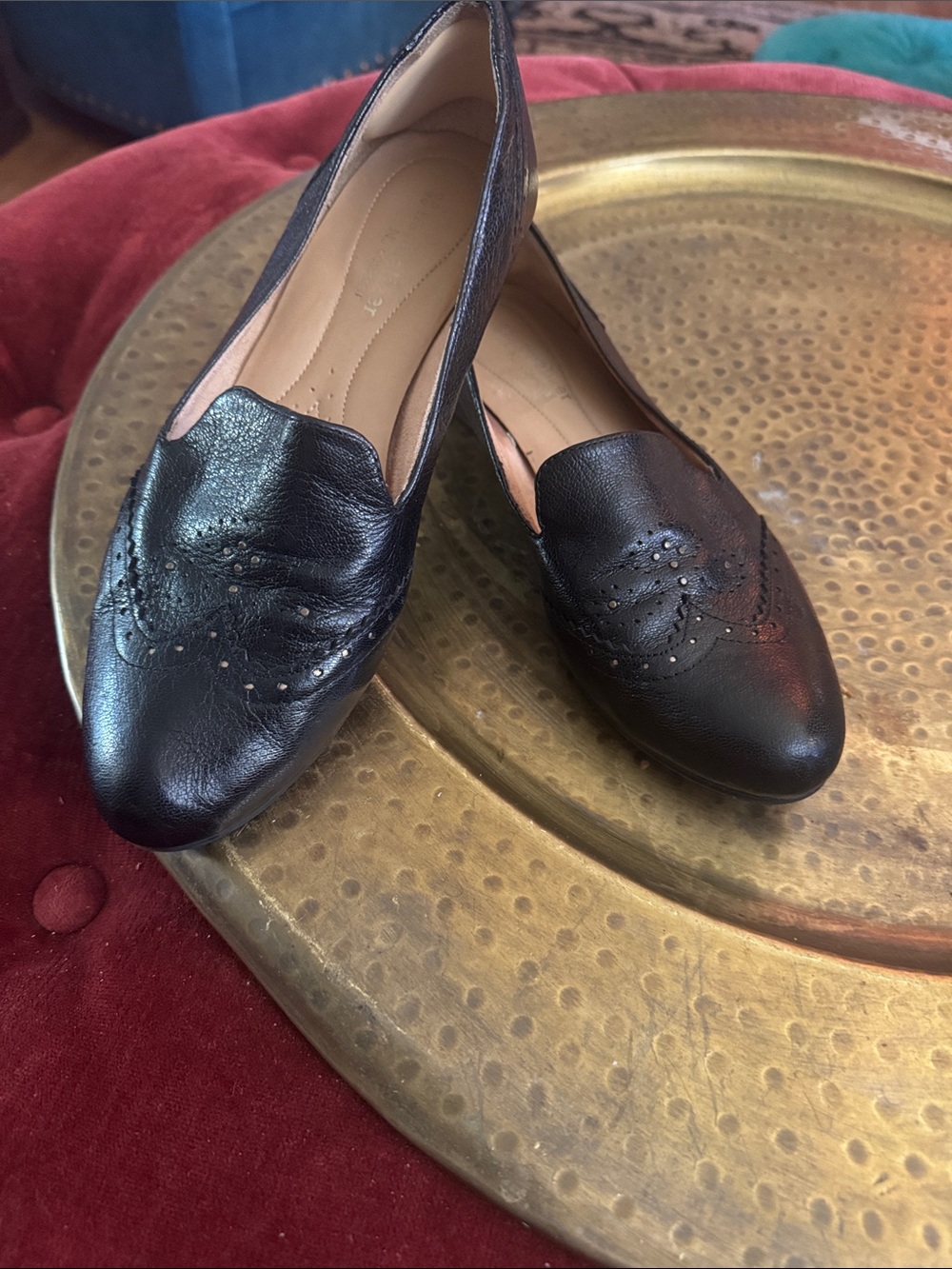 Naturalizer Black Leather Slip-On Loafers with Brogue Detail